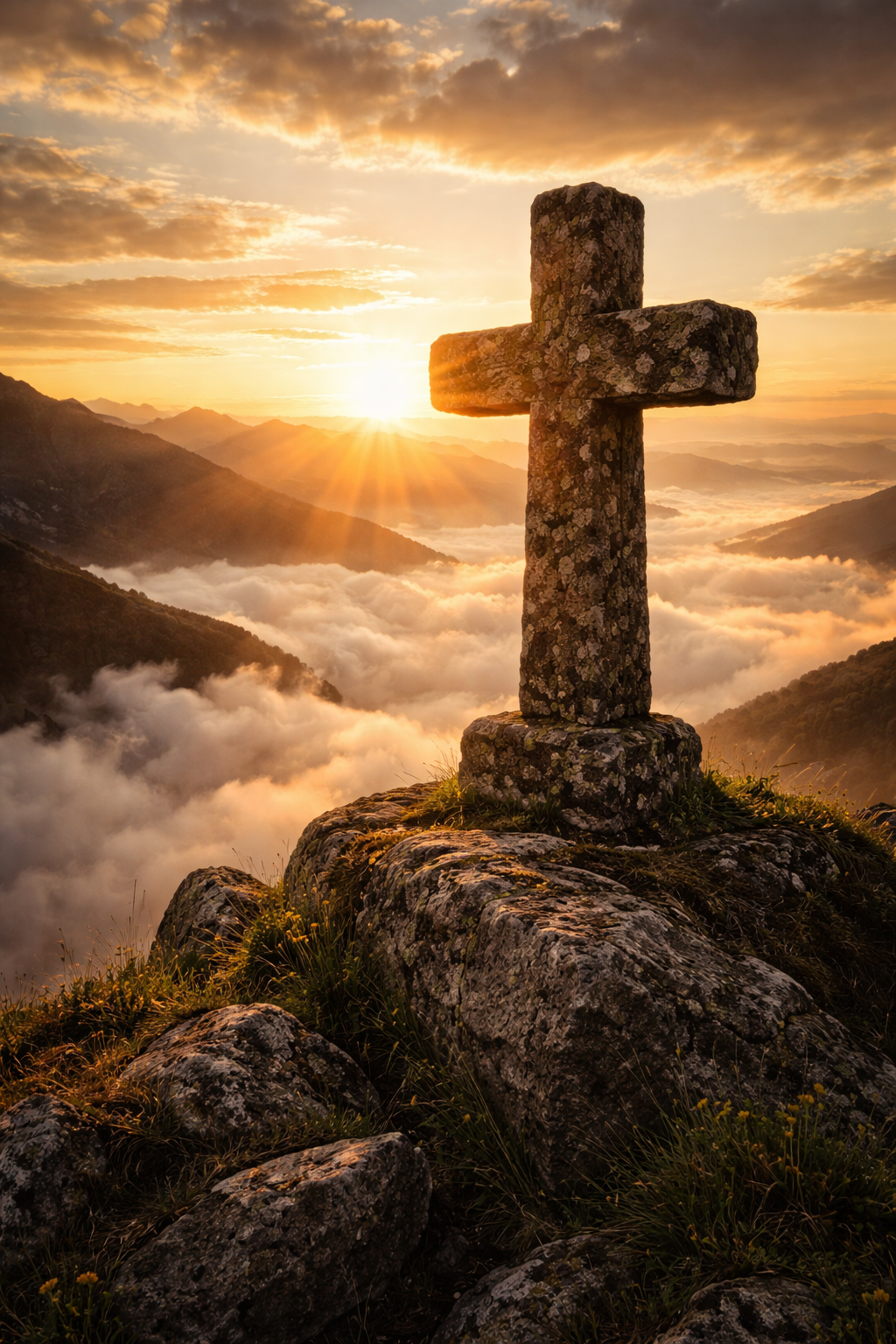 Ancient stone cross on rocky mountain peak at golden sunrise, spectacular view of clouds and mountain valleys below, dramatic golden light -- mountain cross HD wallpaper